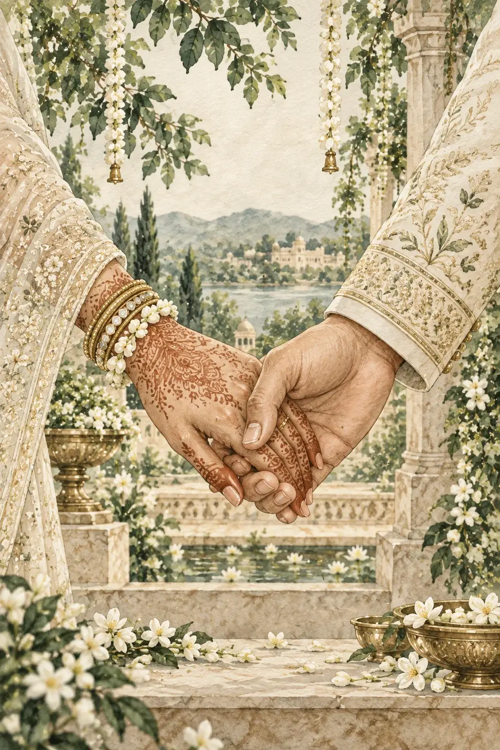 Watercolor illustration of joined hands with delicate mehndi, gold bangles, and ivory embroidered sleeves