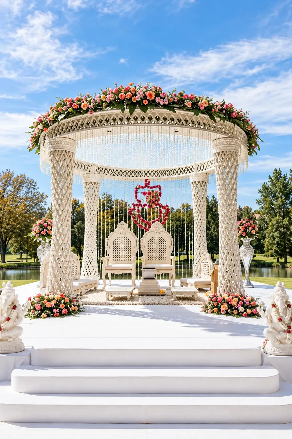 Enhanced photograph of an ivory lattice mandap with jasmine garlands, coral flowers, and ornate wedding chairs